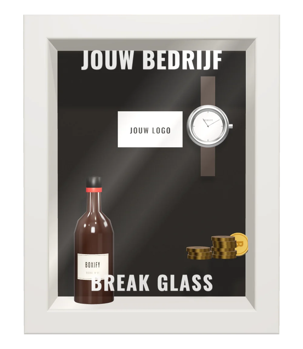 Een wit kader met glas. Bovenaan staat JOUW BEDRIJF, onderaan BREAK GLASS. Erachter een fles, een horloge, munten en een kaartje met JOUW LOGO.